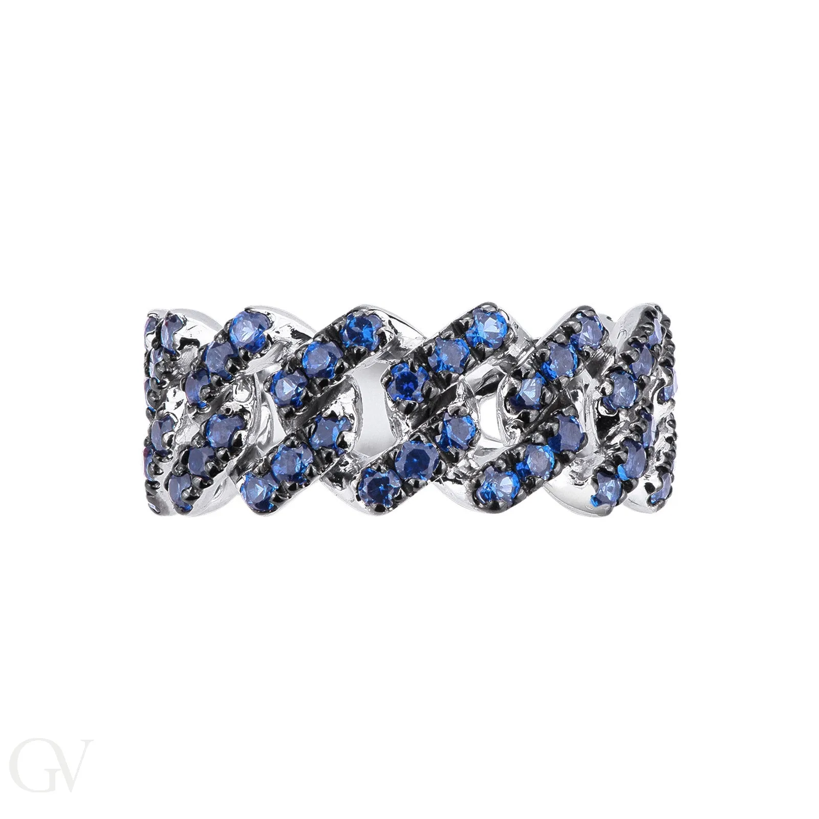 Anello Cuban Link in oro bianco 18k con Zaffiri Blu