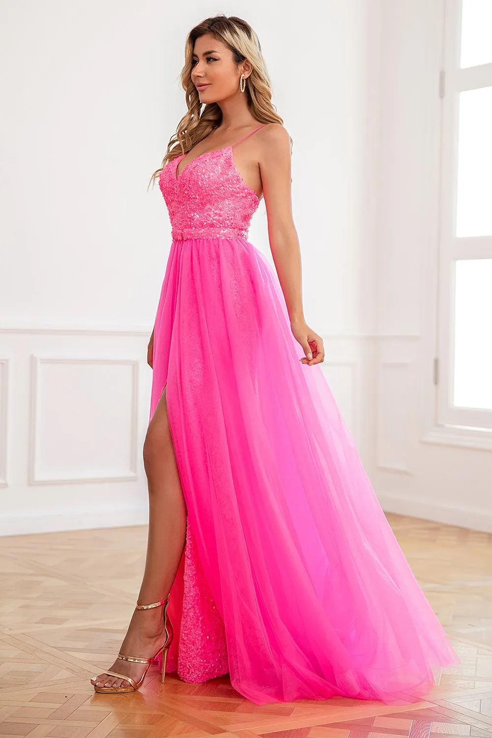 Fuchsia Spaghetti Strap Two-Piece Ball Gown with Front Split