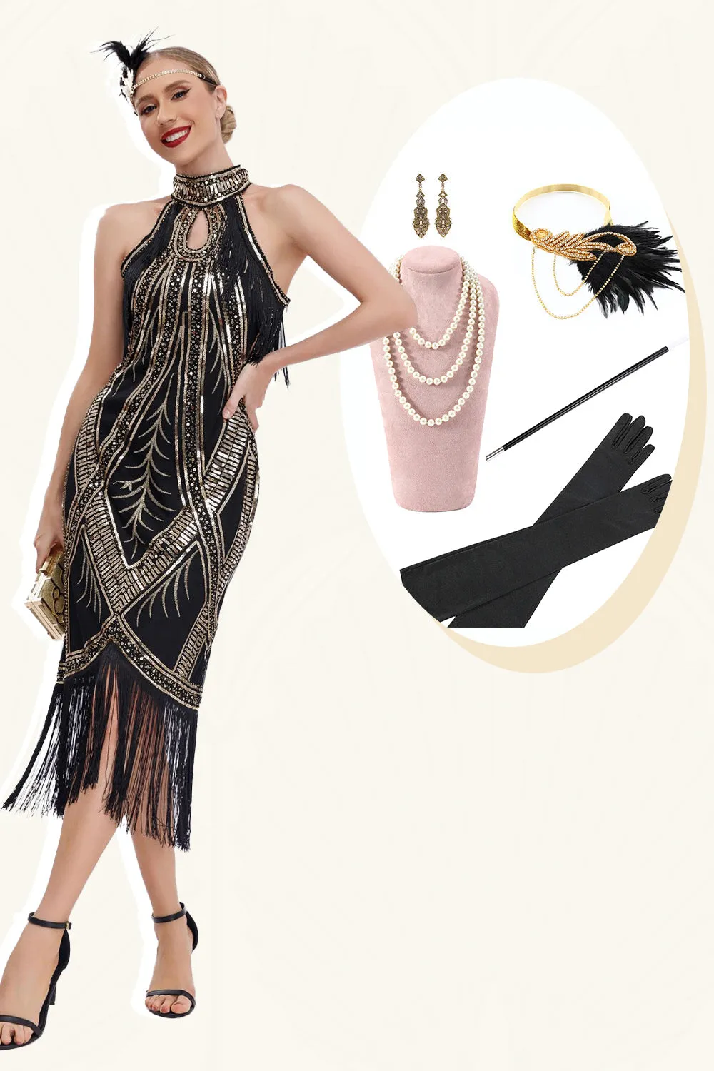 Glamorous Black Gold Fringed Sequin 1920s Dress with Accessories Set