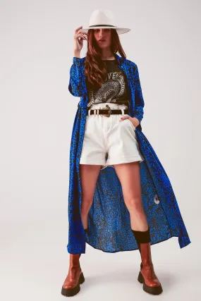 Maxi vestito blu con stampa animalier e cintura