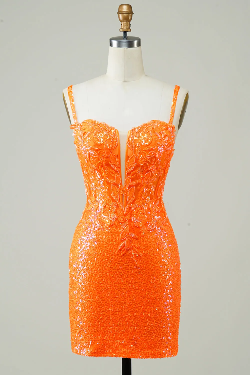 Orange Glittery Fitted Homecoming Dress with Beading