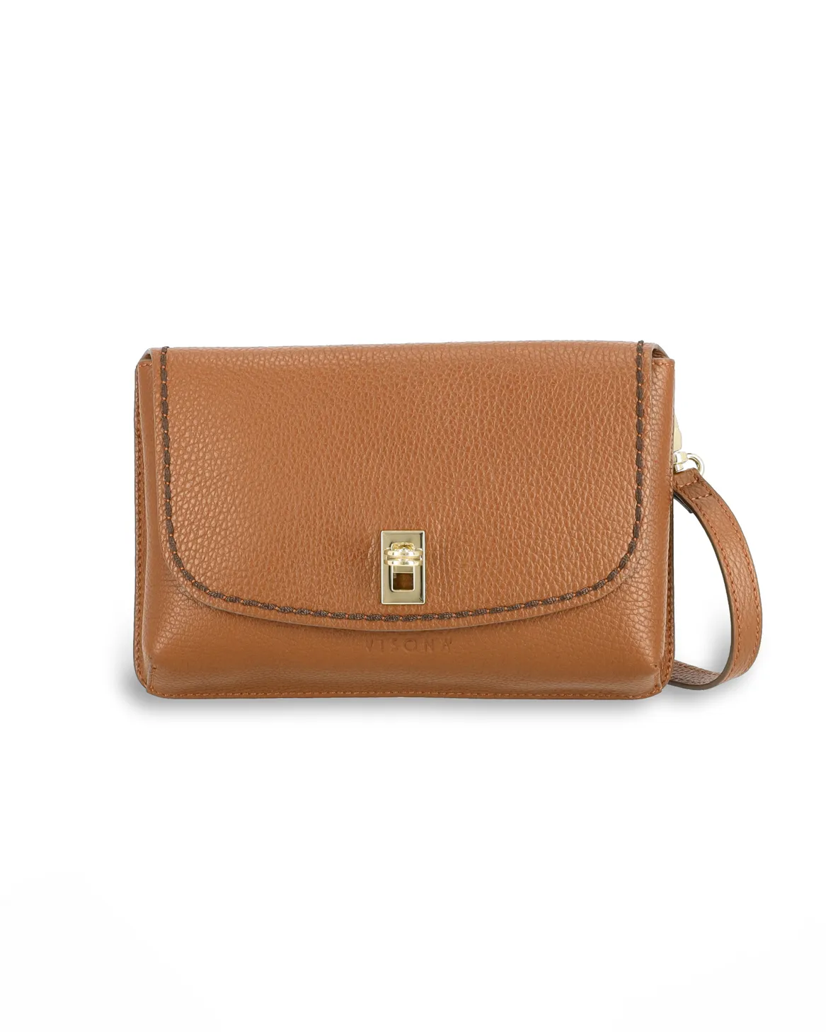 Pochette color cuoio in pelle martellata con chiusura a girello e tracolla removibile