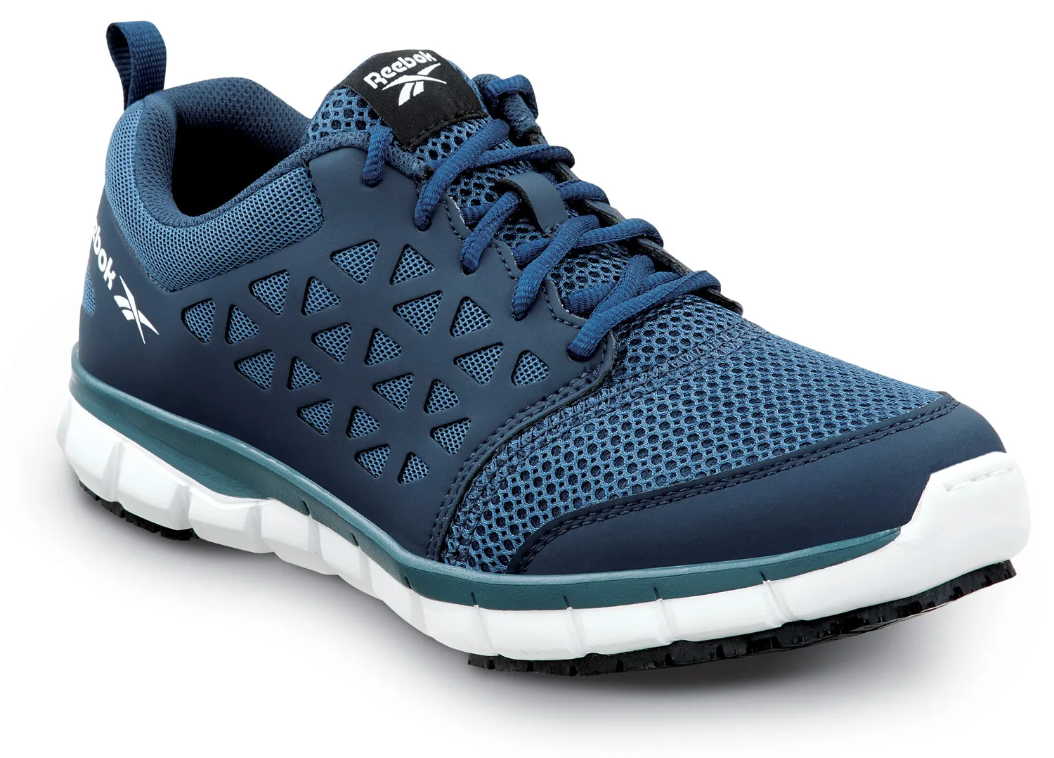 REEBOK Navy Men's Sublite Cushion Work Athletic Style Shoe with MaxTRAX Slip Resistant and Soft Toe
