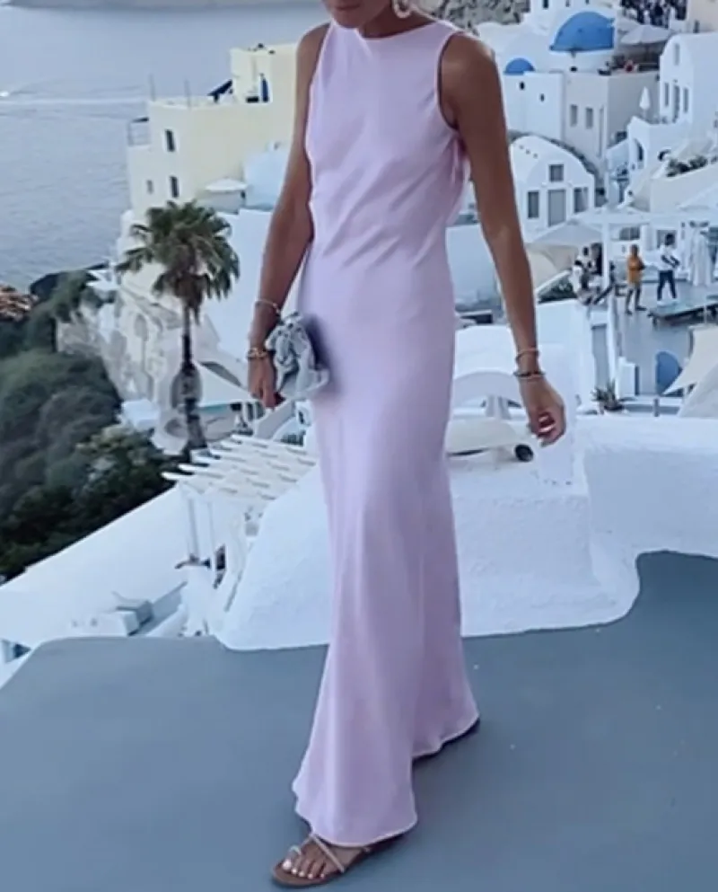 Vestito lungo da ufficio alla moda, senza schienale, solido, con stile semplice, senza maniche